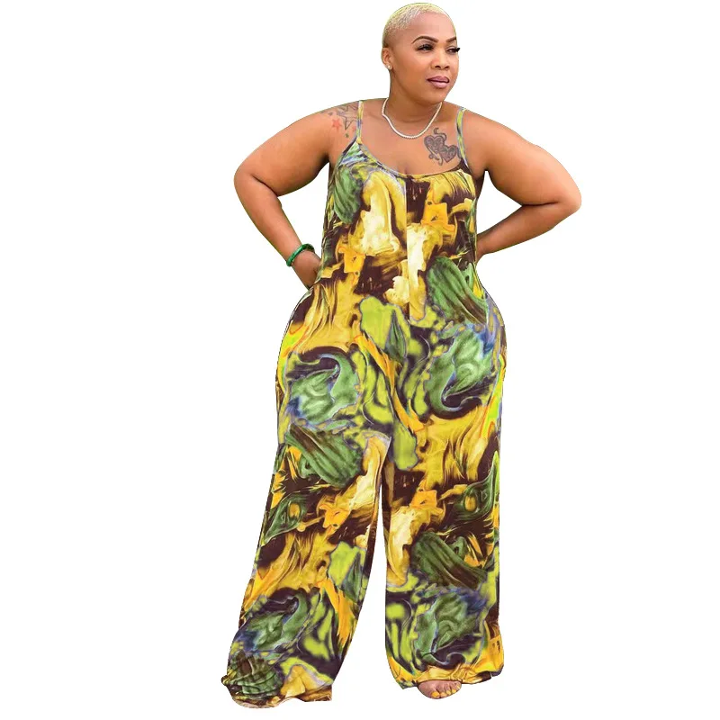 Mono de talla grande para mujer, pelele holgado con estampado a la moda, pantalones largos con cuello Halter sexys, monos de verano, venta al por mayor, envío directo, 2022