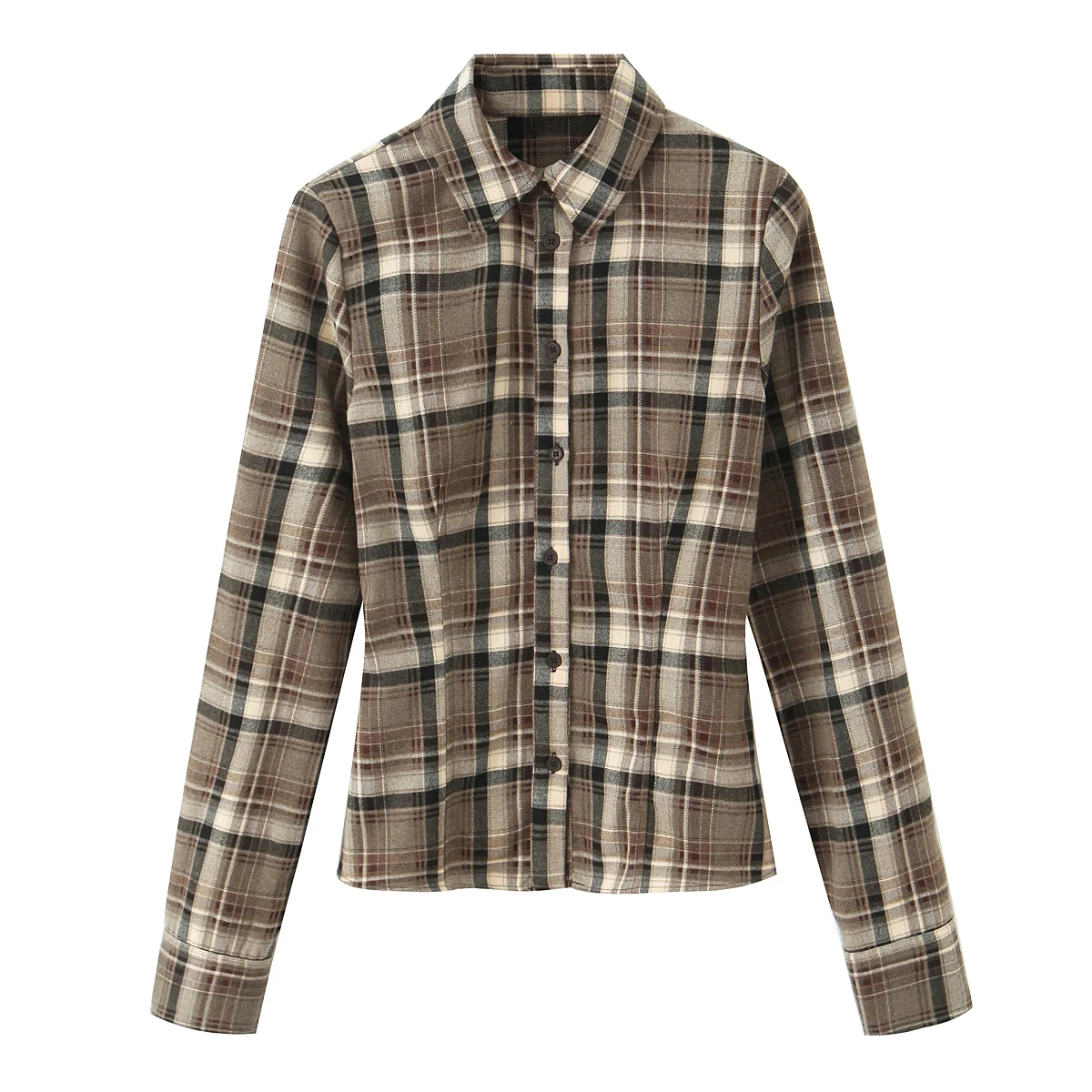 

Повседневная рубашка с длинными рукавами и узким вырезом. Винтажный клетчатый узор. Дизайн с завязкой на талии. Эластичная ткань. Плед на пуговицах. Обычная длина.