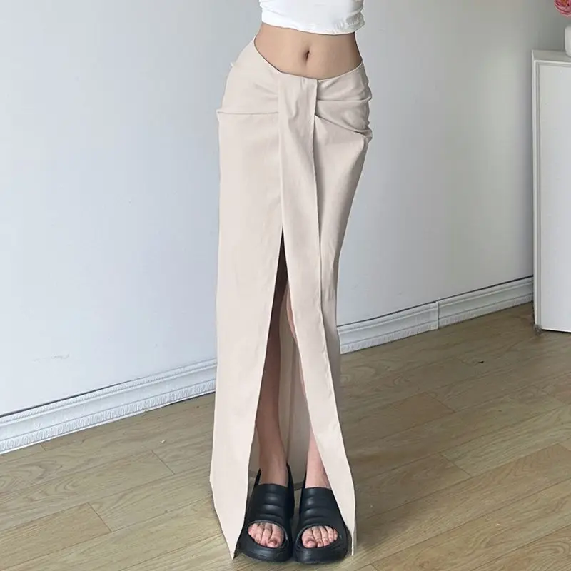 Designed Pleated Skirt Low Waist Irregular Split Solid Spice Maxi Skirt Women Sexy Long Bodycon Skirts Summer Spring All Season