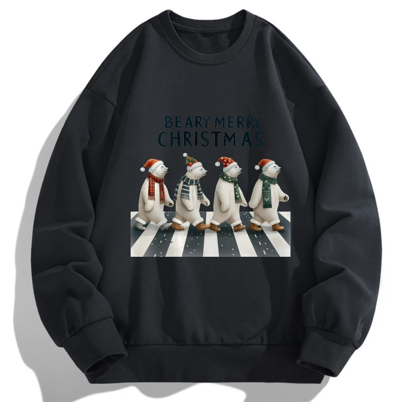 

2025 Four polar bears celebrating Christma graffiti print Spring Autumn Casual Long Sleeve T Shirt O Neck Christmas Design Fit