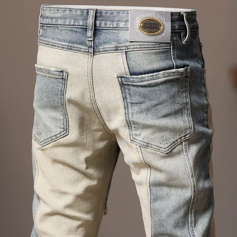 Fashion designer Summer men's jeans retro blue elastic slim fit slit jeans splicing designer hip-hop jeans Hombre