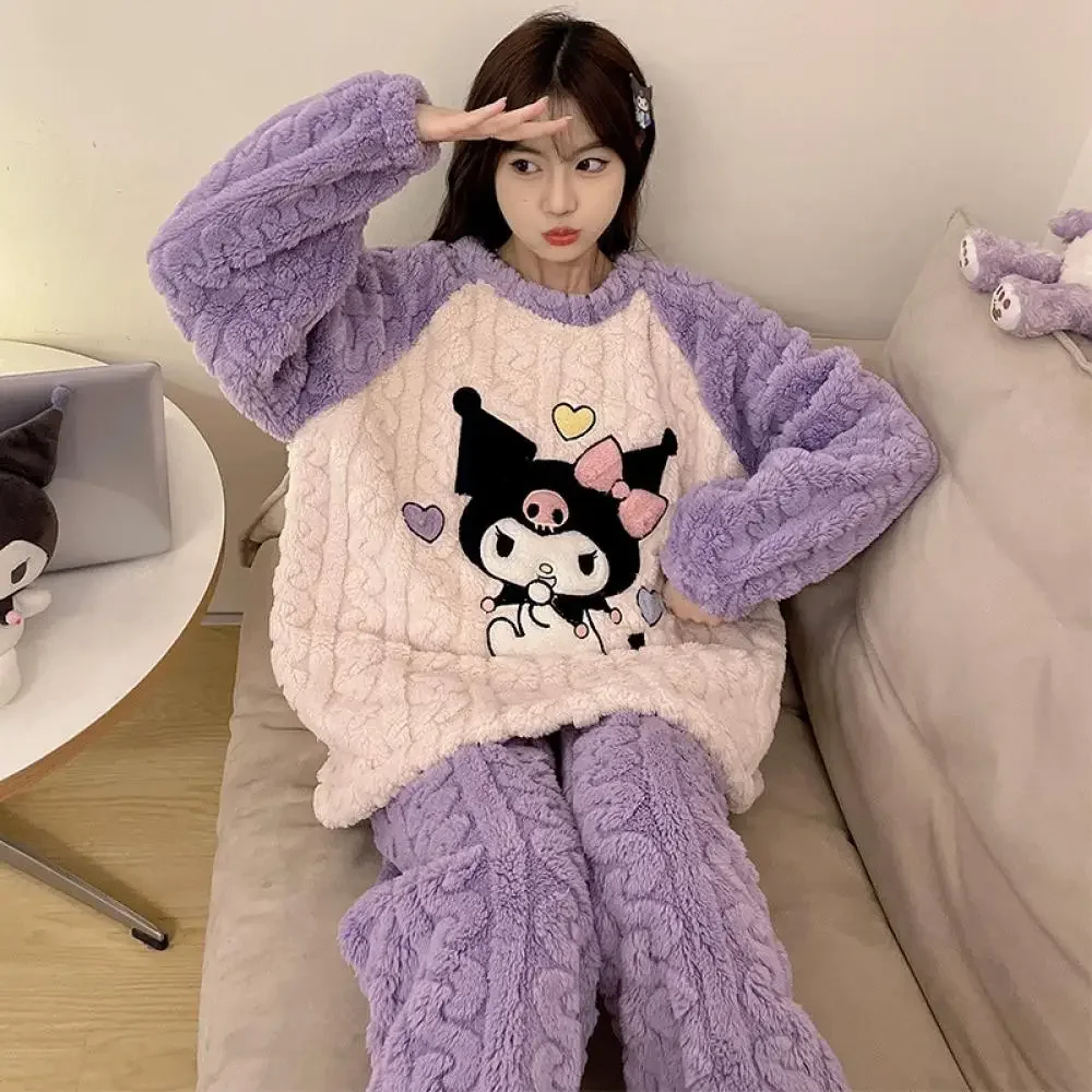 Cartoon Kuromi Kawaii Women Plush Pajamas Set Sanrio Anime Cinnamoroll Coral Fleece Homewear Thicken Girls Nightgown Tops Pants