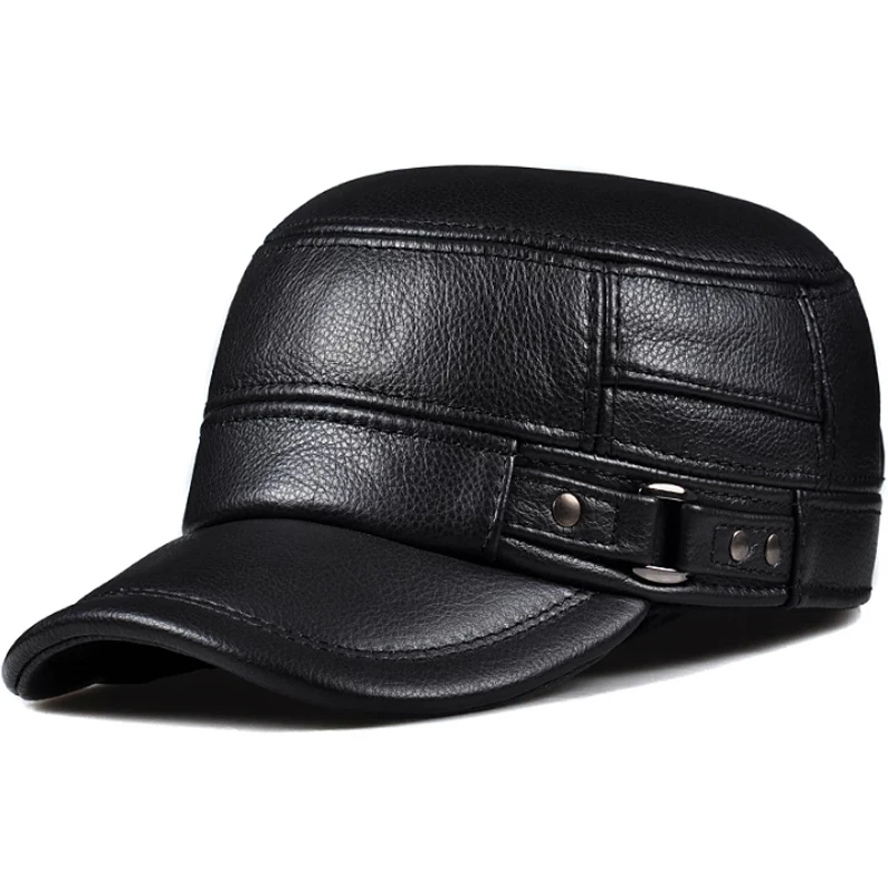 Men Accesorios Warm Hat Men\'s Genuine Leather Flat Caps Army Elegant Baseball Cap British Vintage Earflap Wine Red Gorra