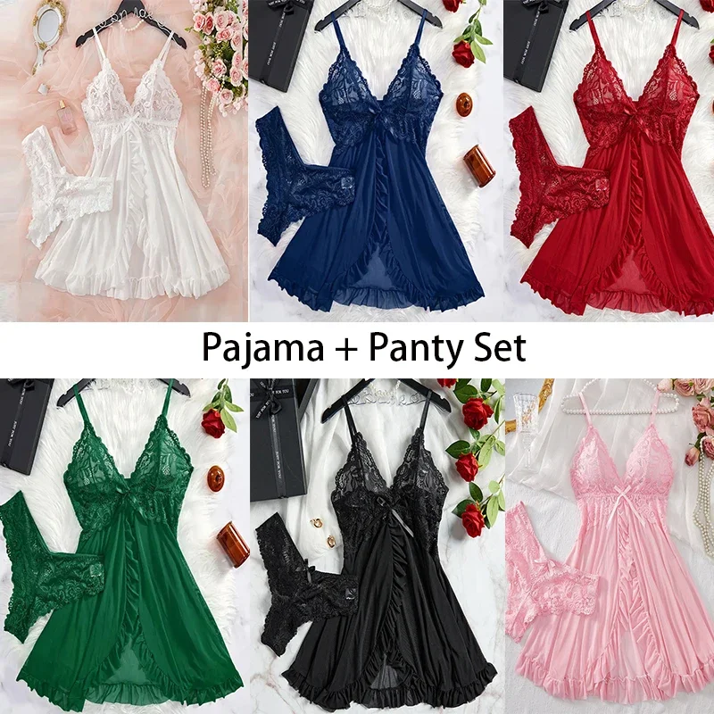 الدانتيل سلسلة مجموعة النساء الملابس الداخلية بيجامة كيت شفافة Crotchless فستان صغير السروال ملابس نوم مجموعة كبيرة الحجم الملابس الداخلية النسائية