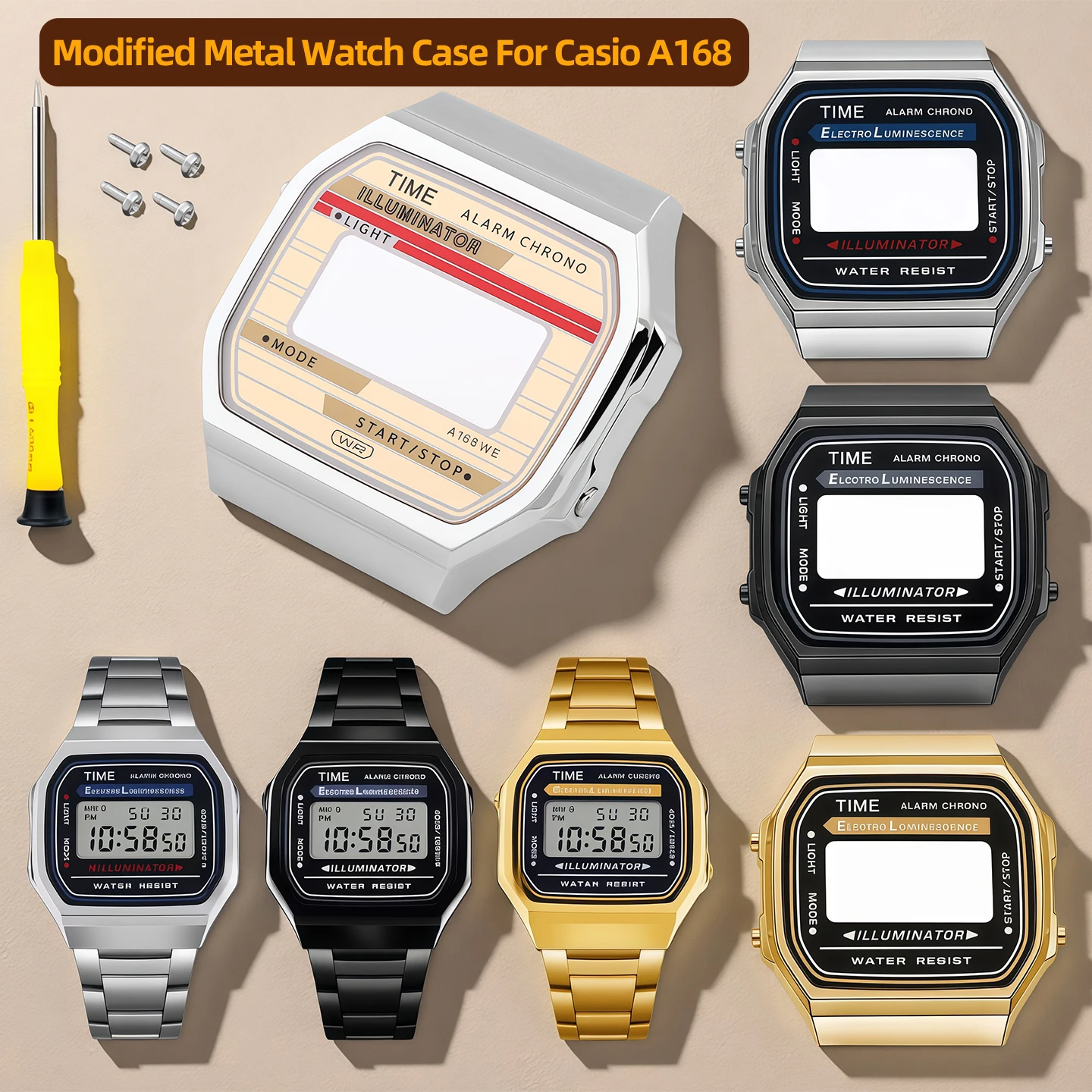 Boîtier de montre en métal modifié pour Casio A168 A168WG A168WE, petit boîtier carré vintage en acier inoxydable, pièces et accessoires