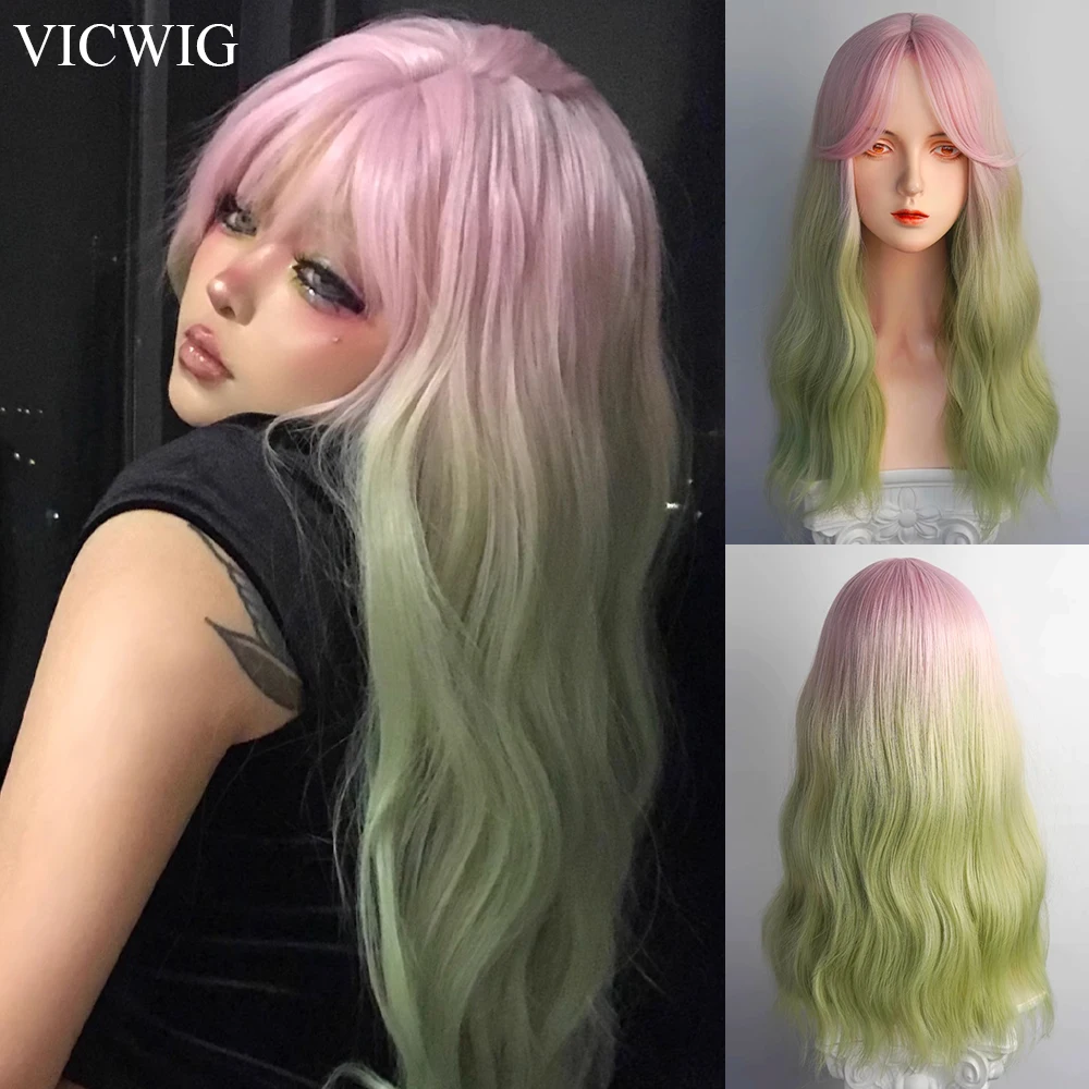 VICWIG Long Wavy Ombre Pink Green Gradient Women Synthetic Wig with Bangs Lolita Cosplay Heat Resistant Wig for Daily Party