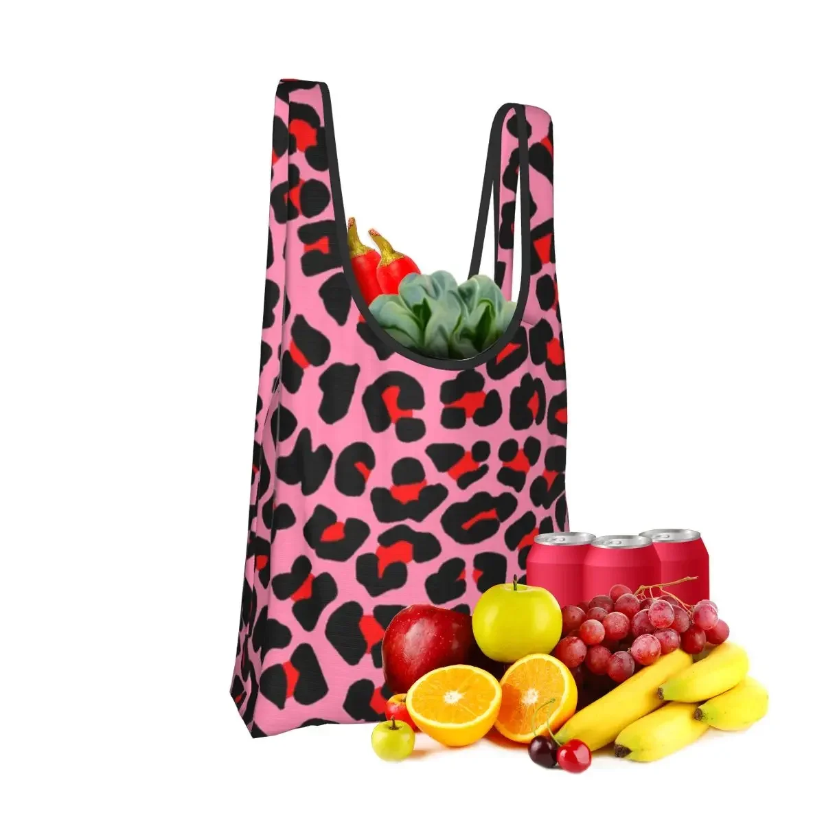 Red Leopard Print Spots On Pink Shopping Bag Portable Tote Bags Foldable Shoulder Shopper Bag Grocery Handbag