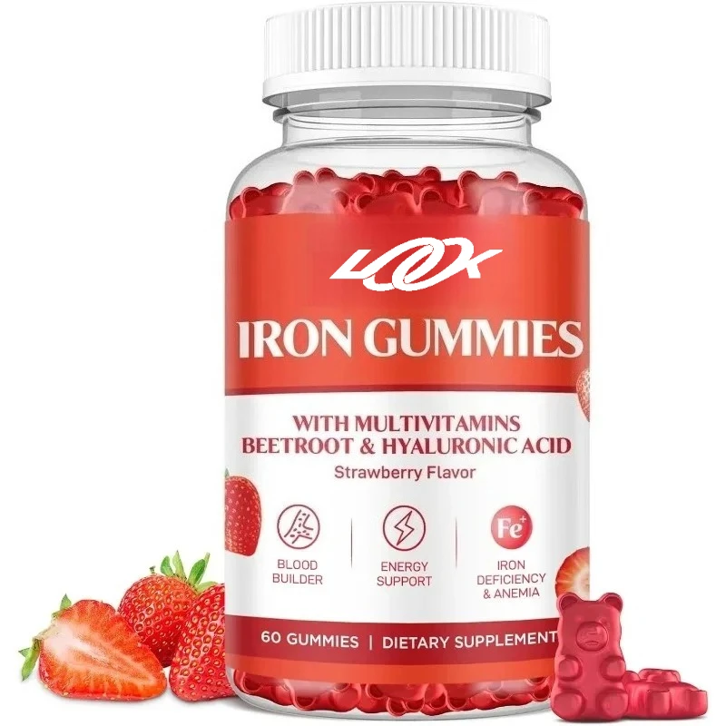 Gominolas con suplemento de hierro con vitaminas múltiples para soporte de sangre y energía, gomitas con sabor a fresa