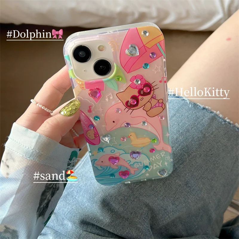 Hello Kitty Sanrio Sunglasses Pink dolphin rhinestone Phone Case For iPhone 15 14 13 12 11 Pro Max case cute cartoon Sweet Cover