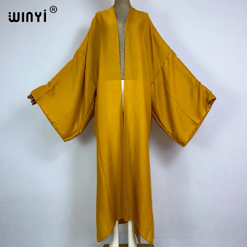 WINYI monocolour cotton feeling kimono comfortable Women Soft Cardigan Loose Dress Boho Maxi beach Holiday Swimming Cover ups