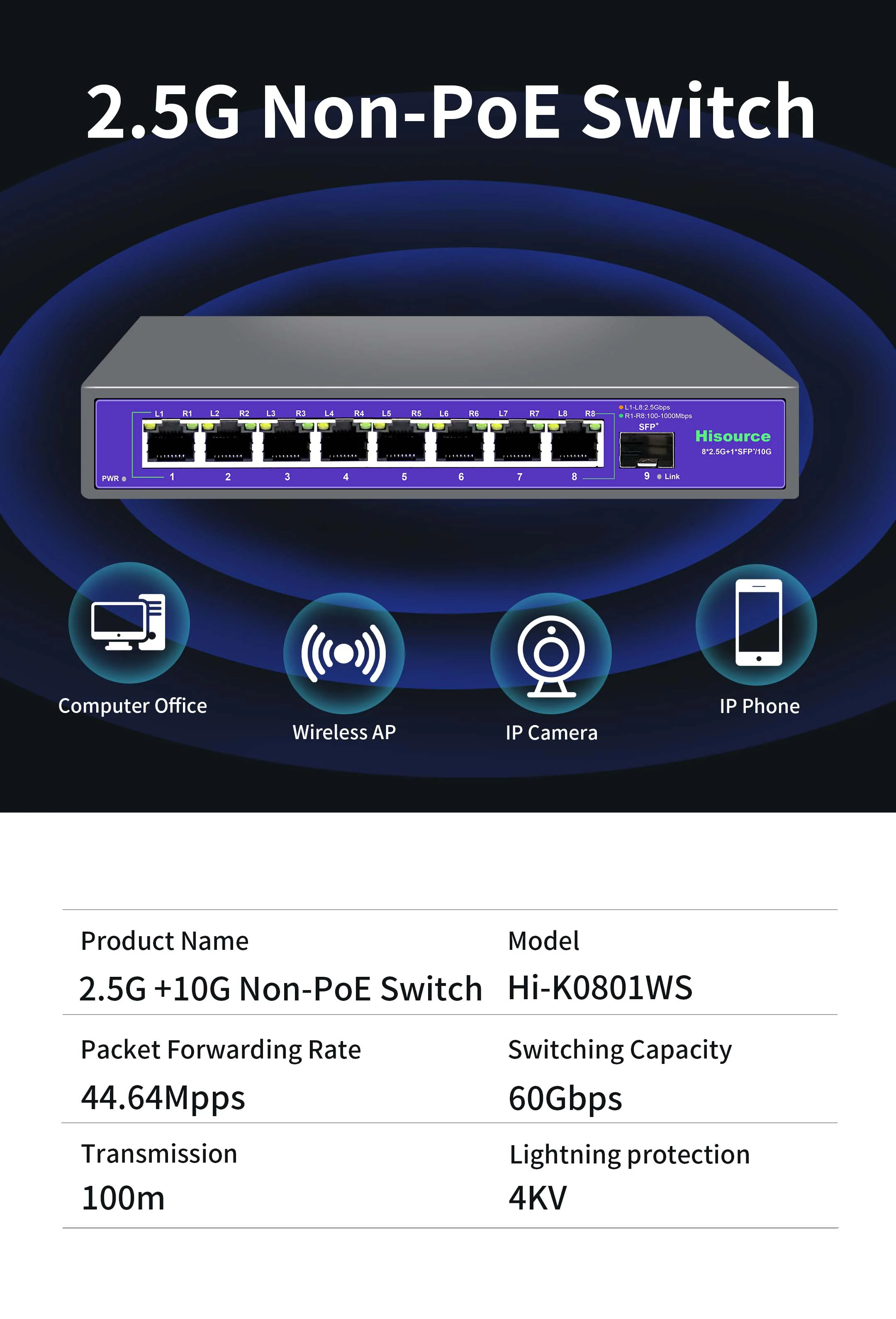 Hisource 8 Port 2.5G Ethernet Switch None POE Network Switch with 1*10G SFP Port for IP Camera/CCTV Security