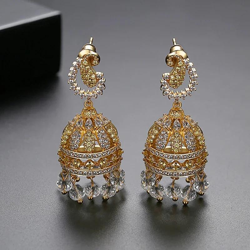

Indian Jhumka Dubai Bridal Jewelry Crystal Beads Tassel Bells Drop Dangle Earrings Retro Women Ethnic Gypsy Statement Jhumki New