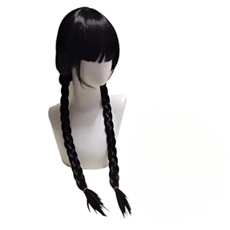 Wednesday Women Girls Long Black Braids Wig with Bangs Long Pigtails Wig for Wednesday Costume Halloween