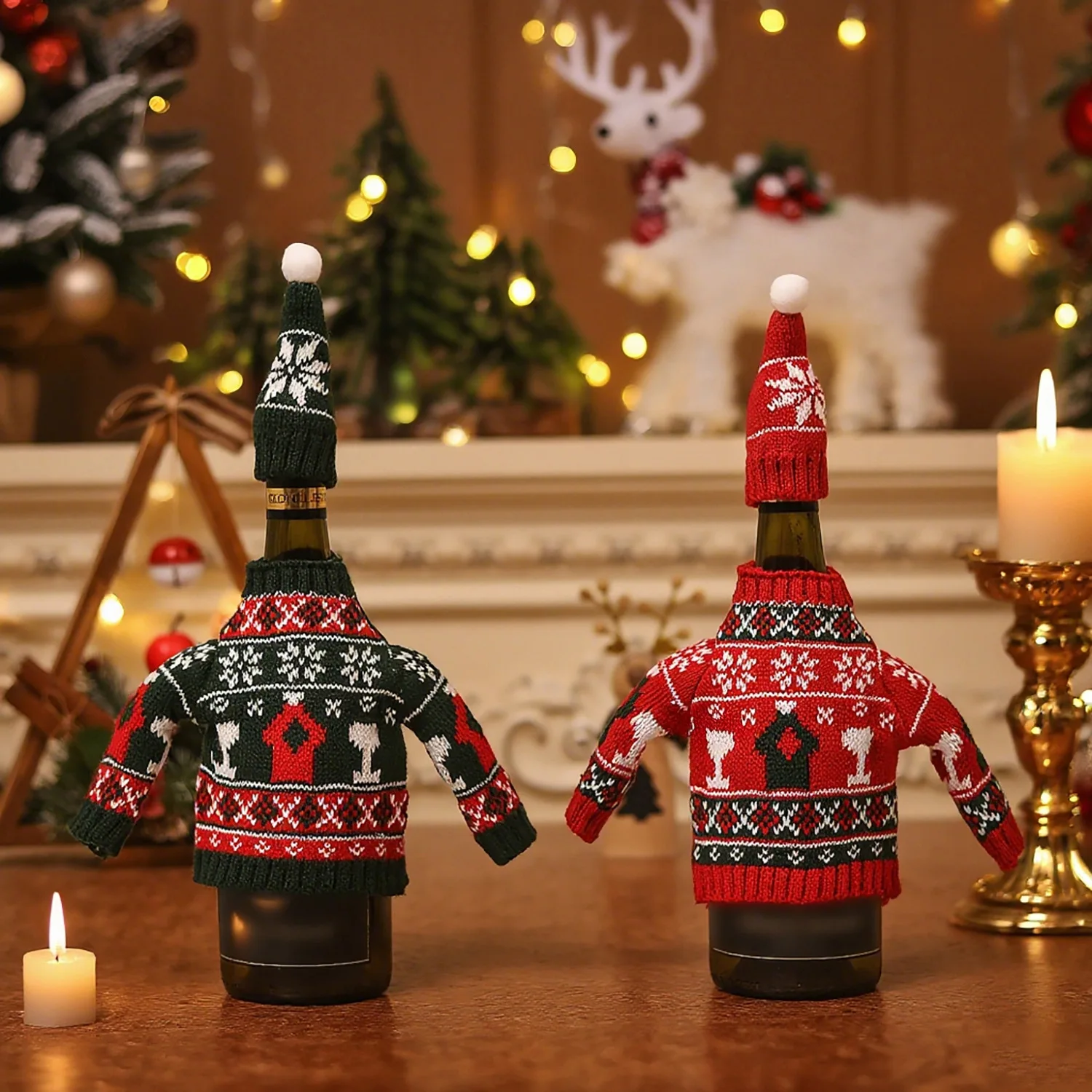 

2PCS Christmas Knitted Wine Bottle Cover Beer Set 2-Piece Fabric Dining Table Decor for Kitchen Holiday Party
