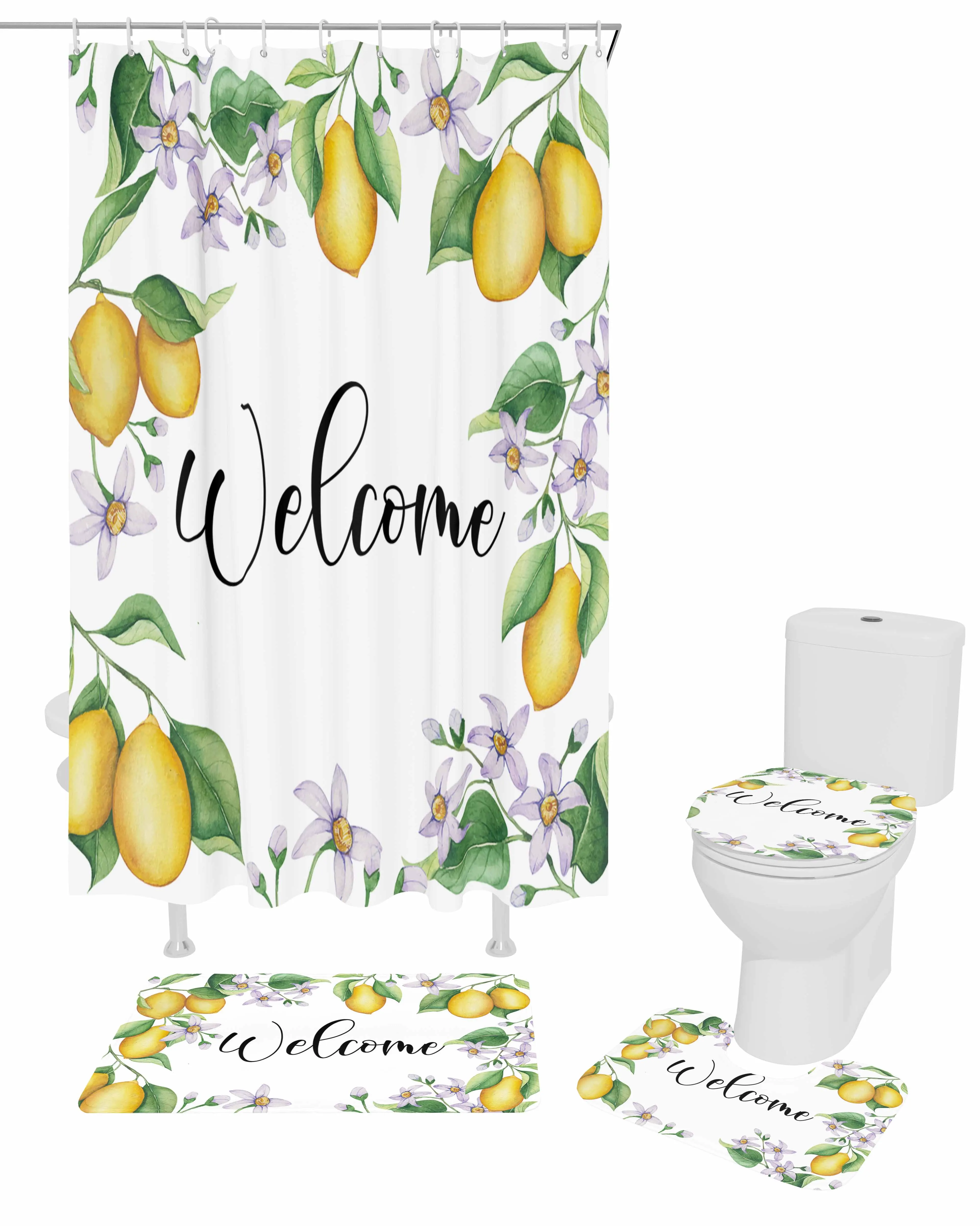 Lemon Watercolor Country Style Shower Curtain Set Non-Slip Rugs Bath Mat Toilet Lid Cover Waterproof Bathroom Curtain