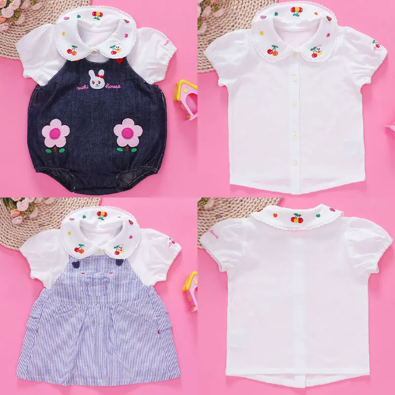 Japanese Girl Cartoon Cherry Blossom Rabbit Embroidery Short-sleeved Shirt with A T Piece