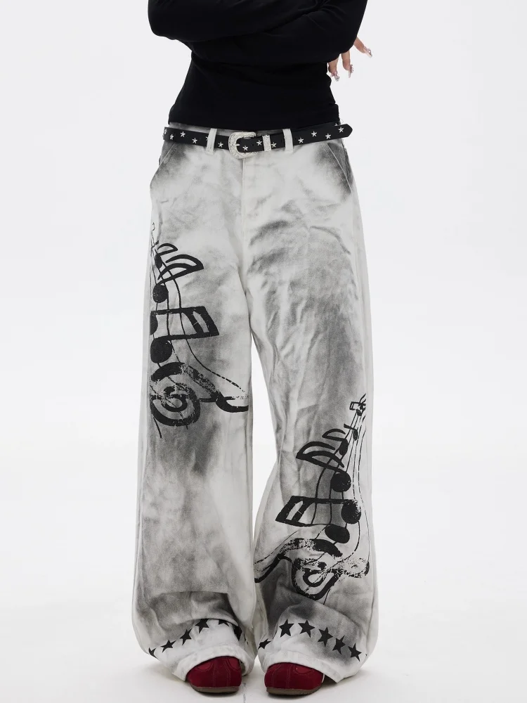 2025 cyber y2k streetwear sujo lavado branco nota musical impresso calças jeans femininas para roupas femininas perna larga calças compridas