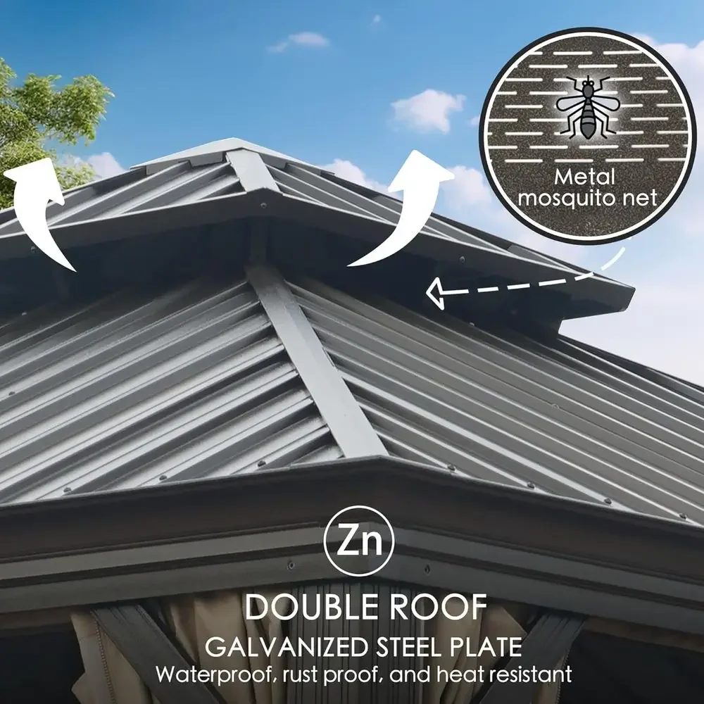 

10' x 12' Steel Double Roof Outdoor Pavilion with Curtains and Netting for Backyard, Deck, Lawn (Gray)