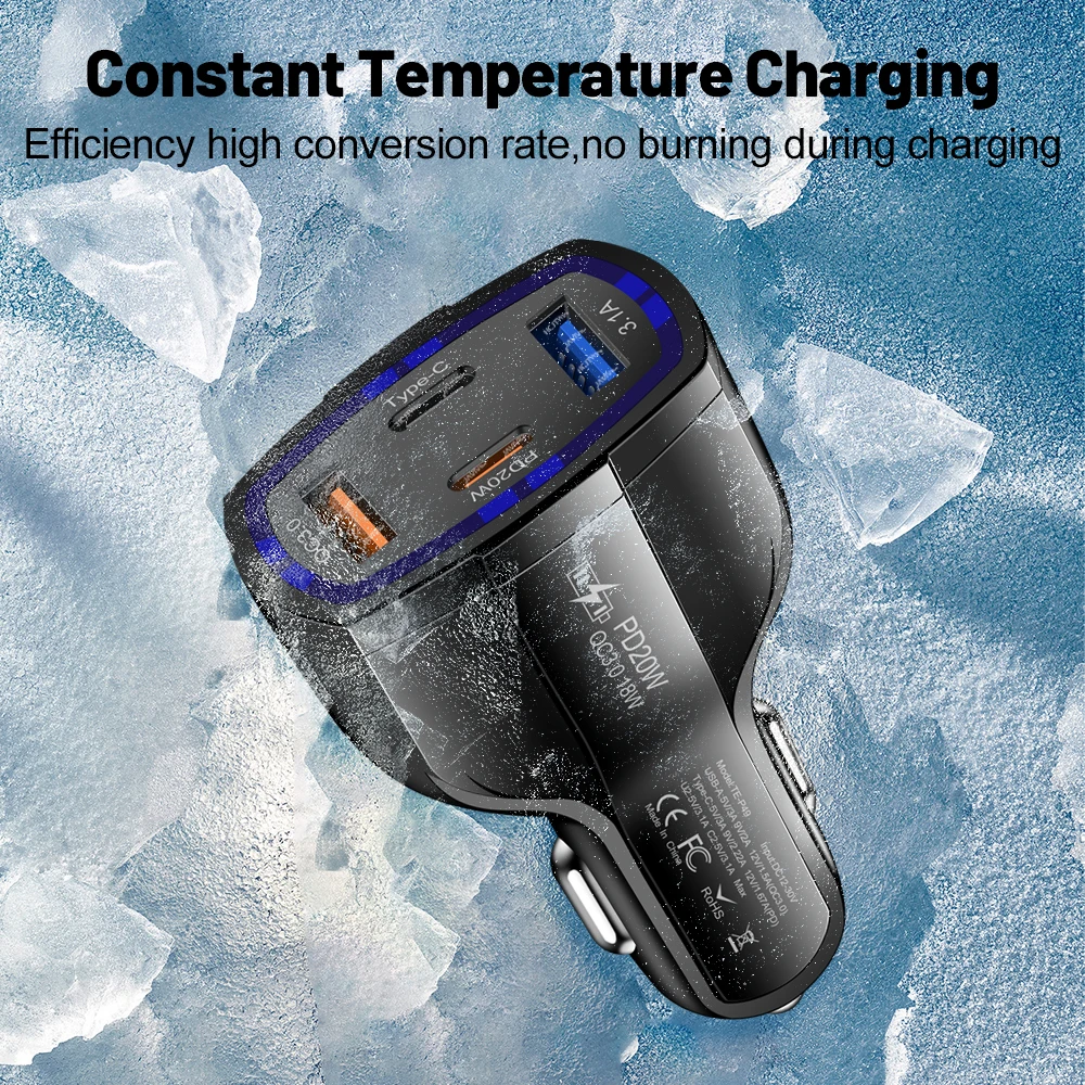 38W PD +Type-c Car Charger QC3.0 USB 3.1A Fast Charge Car Charger Fast Charging One for Four Multi-Port Car Charger Universal