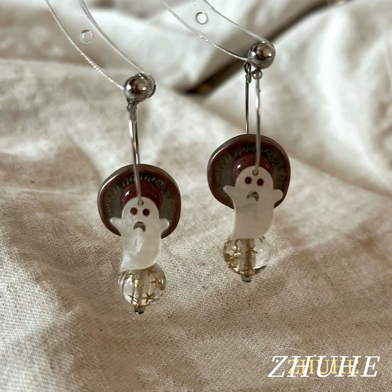 Whimsy Ghost Drop Earring, Jewelry Accessories for Women Men, Copper Alloy Material, Retro Disc & Ghost Charm, Lightweight Beade