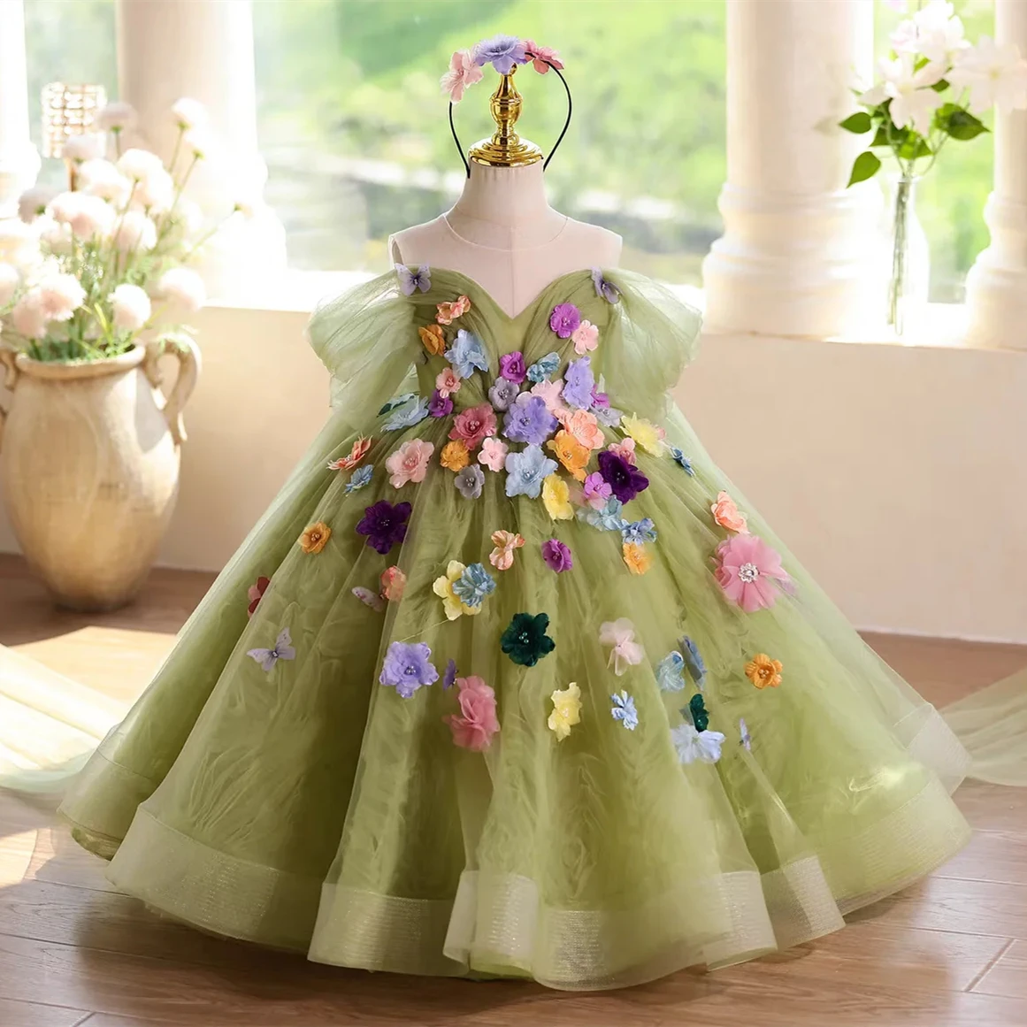 Vestido de Niña de las Flores Personalizado para Boda, con Apliques de Moño, Manga Corta, Largo hasta el Suelo, Elegante, para Cumpleaños, Primera Comunión