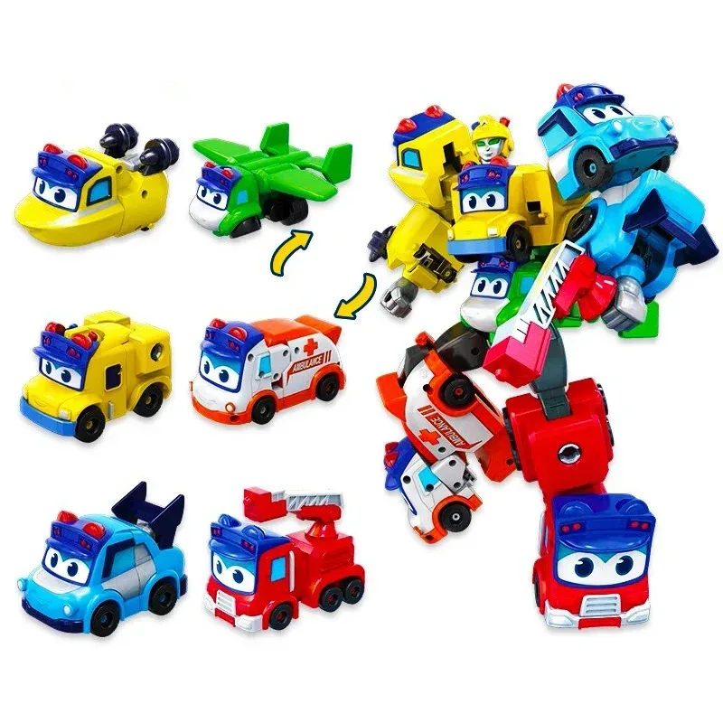 

6 IN 1 ABS Bus Transformation Car Action Figures Robot Toys Ambulance/Police/Fireman Slide for Kids Gift