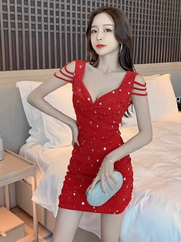 2024 Summer Sexy Spicy Girl V-neck Hollow Out Short Sleeve Sequins Dress Women Cinching Waist Wrap Hip Slim Short Dress P1T0