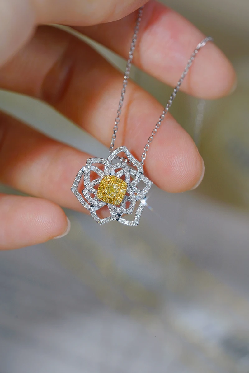 KUGG 18K White Gold Necklace Vintage Rose Design 0.60carat Real Natural Yellow Diamond Pendant Necklace High Women's Jewelry