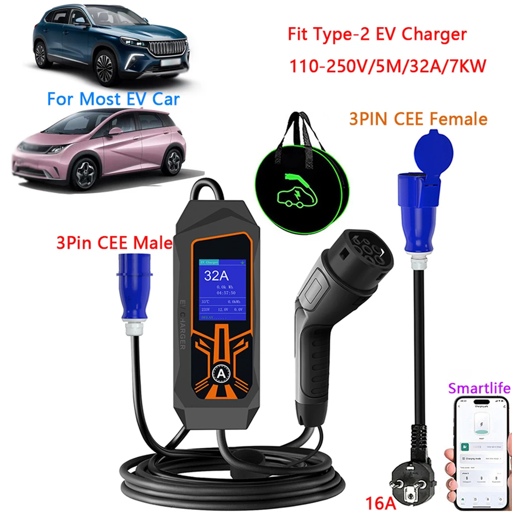 

Новое зарядное устройство для электромобилей 2025 года, портативное зарядное устройство для электромобилей Type2 32A 7KW, управление через приложение EVSE, регулируемый ток, умная зарядка с таймером для дома и улицы