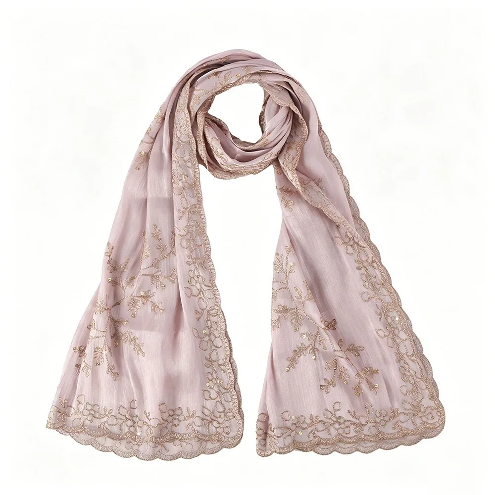 

Luxury Soft Satin Sequin Floral Hijab Flowy Sparkly Sequin Embroidered Hijab Breathable Glitter Shiny Headscarf Muslim Women