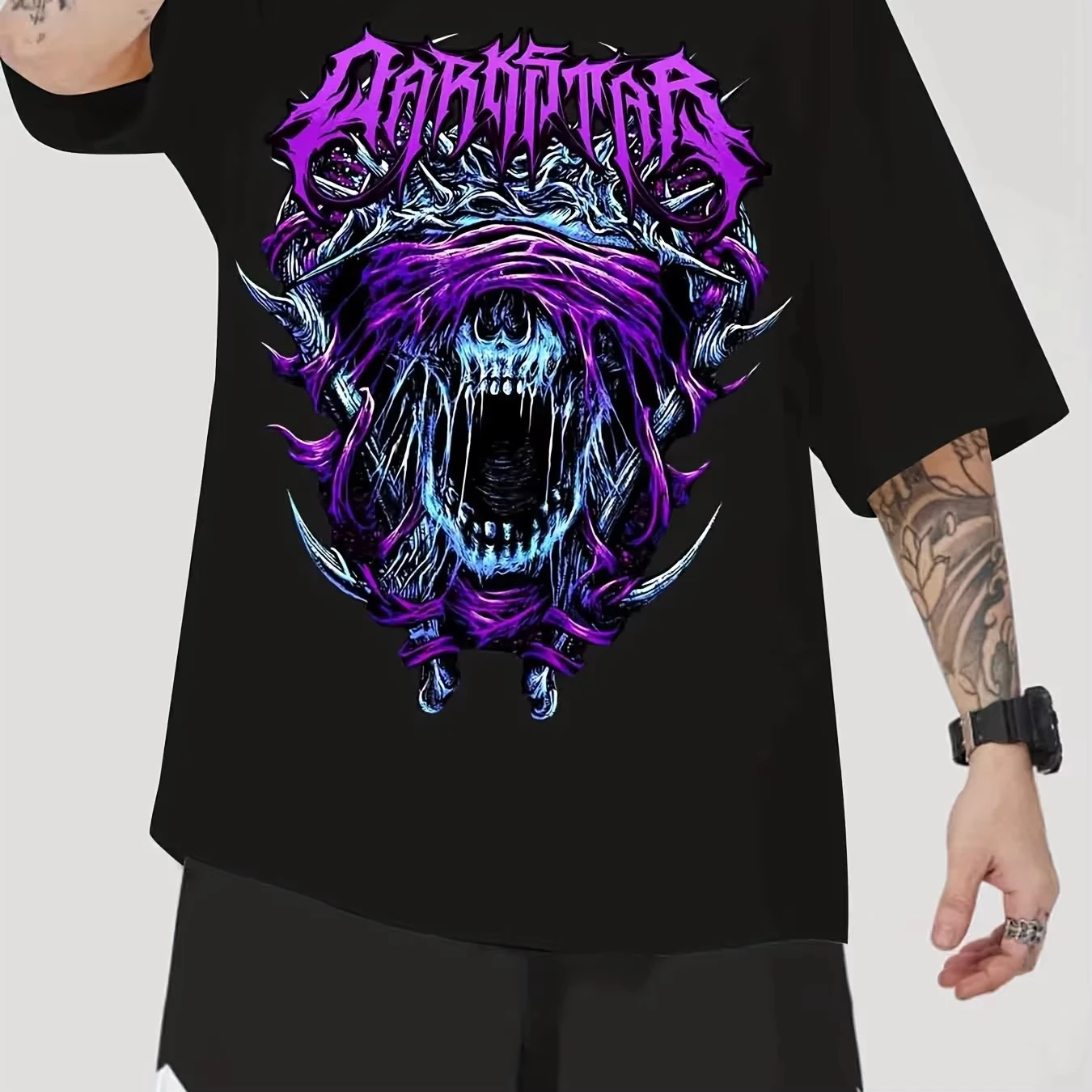 Men'S Trendy Graffiti Purple Skull Large Mouth Letter Combination Print Fashion T-Shirt | Crew Neck