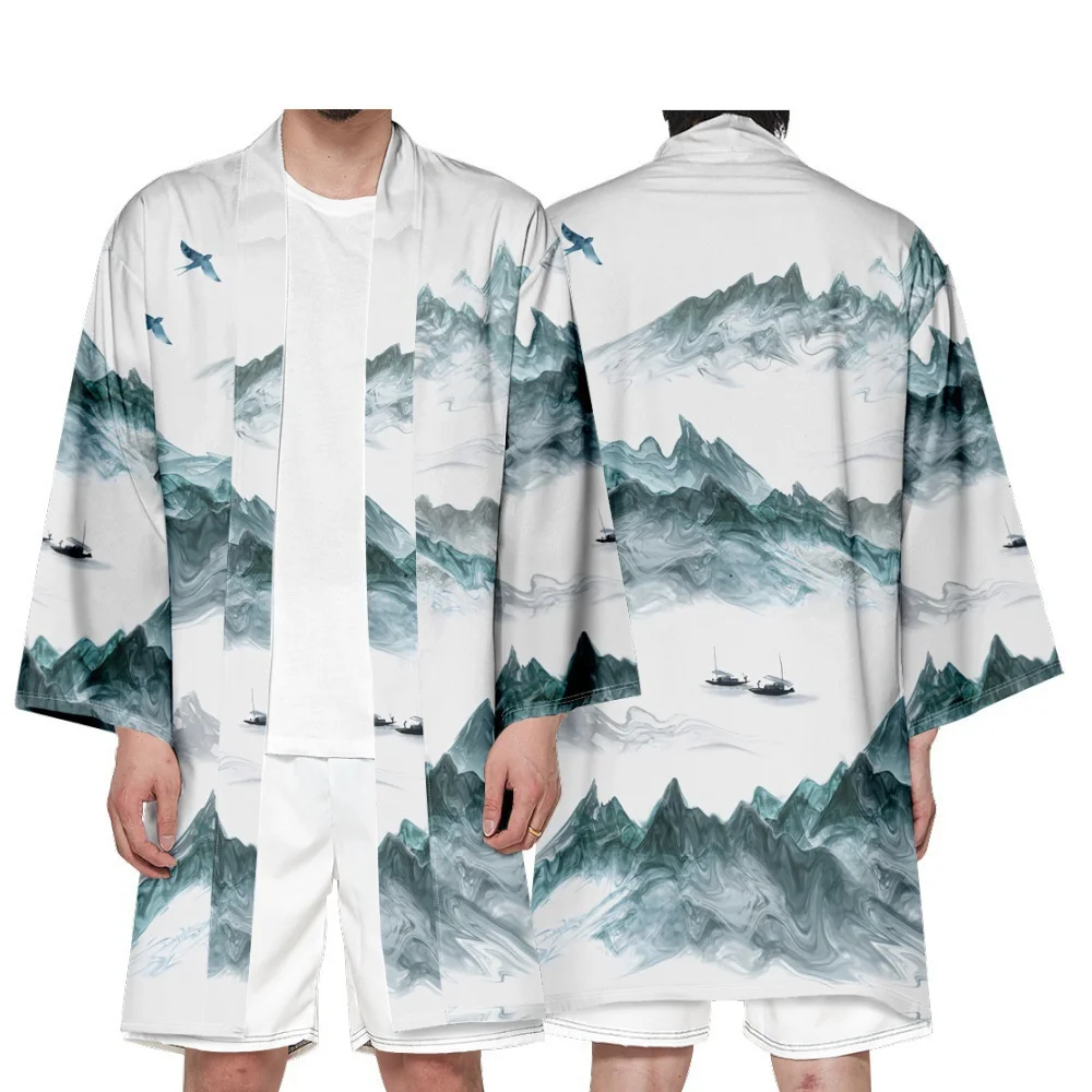 

Men's Japanese Long Kimono Cardigan Boys Samurai Costume Kimono Landscape Painting Kimono Shirt Yukata Outer Cover