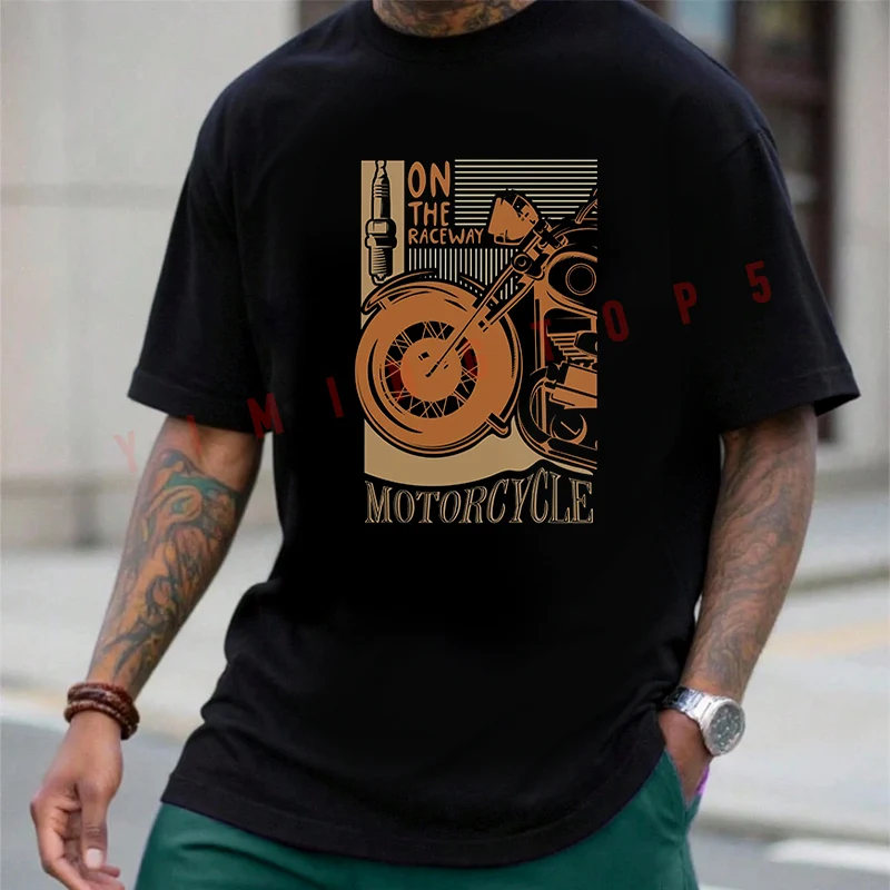 

On The Raceway Motorcycle Print T-Shirt Cotton Men Summer Casual Short Sleeve Round Neck Tees