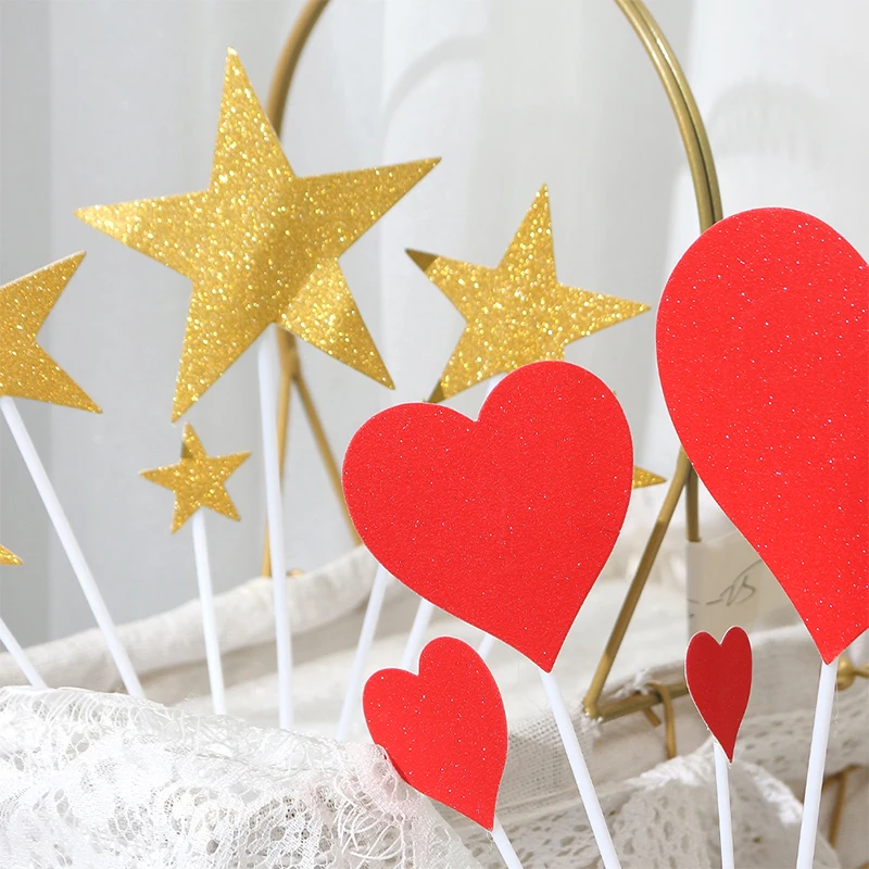 7Pcs/set Gold Red Heart Cupcake Toppers Picks Birthday Party Decortion Wedding Bridal Shower Party Decorations Cake Toppers