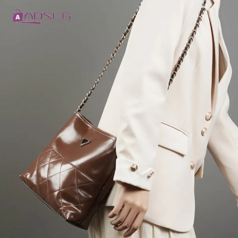 

New Top Layer Cowhide Hundred Small Square Bags Silver Ball Chain Fashion Commuters Crossbody Shoulder Bag Hot Sale Female