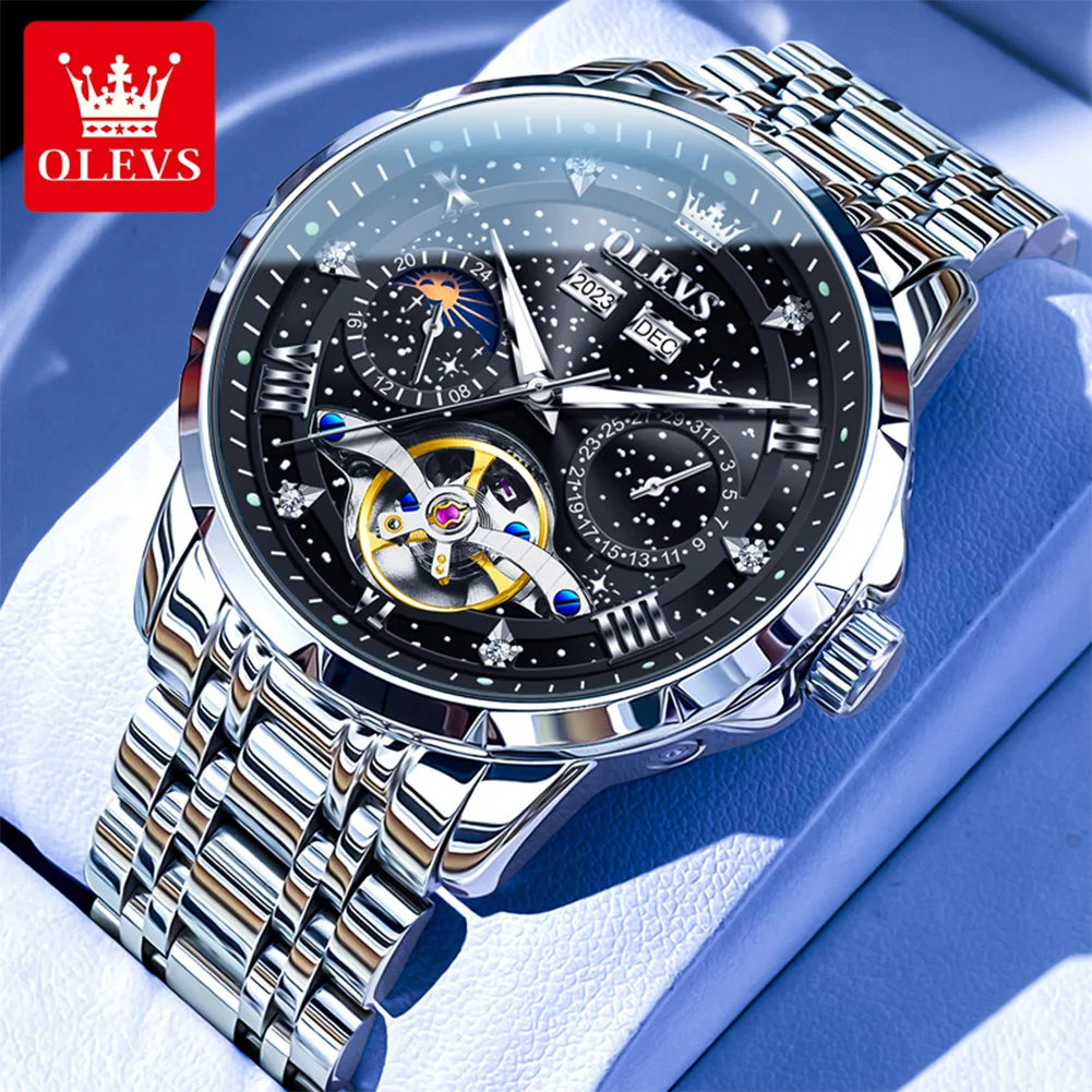 OLEVS Starry Sky Design Mechanical Watch for Men Moon Phase Date Stainless Steel Luminous Waterproof Automatic Tourbillon Watch