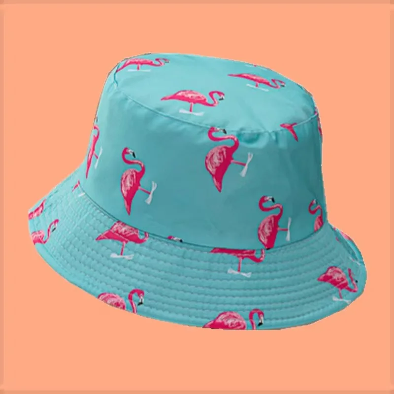 Unisex Flamingos Cartoon Print Bucket Hat, lados duplos, reversível, Panamá, pescador, ao ar livre, sol, Hip Hop Cap, homens, mulheres, verão