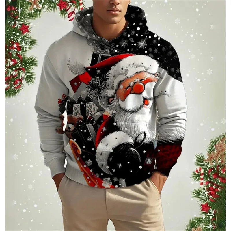 

3D Printed Snowman Santa Claus Hoodie For Men Christmas Tree Pattern Long Sleeve Casual Sweatshirt Loose Pullover Unisex Hoodies