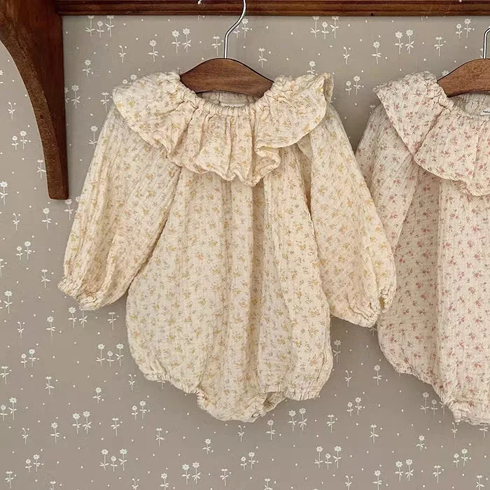 2024 autunno nuovo bambino manica lunga body neonata carino floreale colletto arruffato tuta cotone lino vestiti per bambini 0-24M