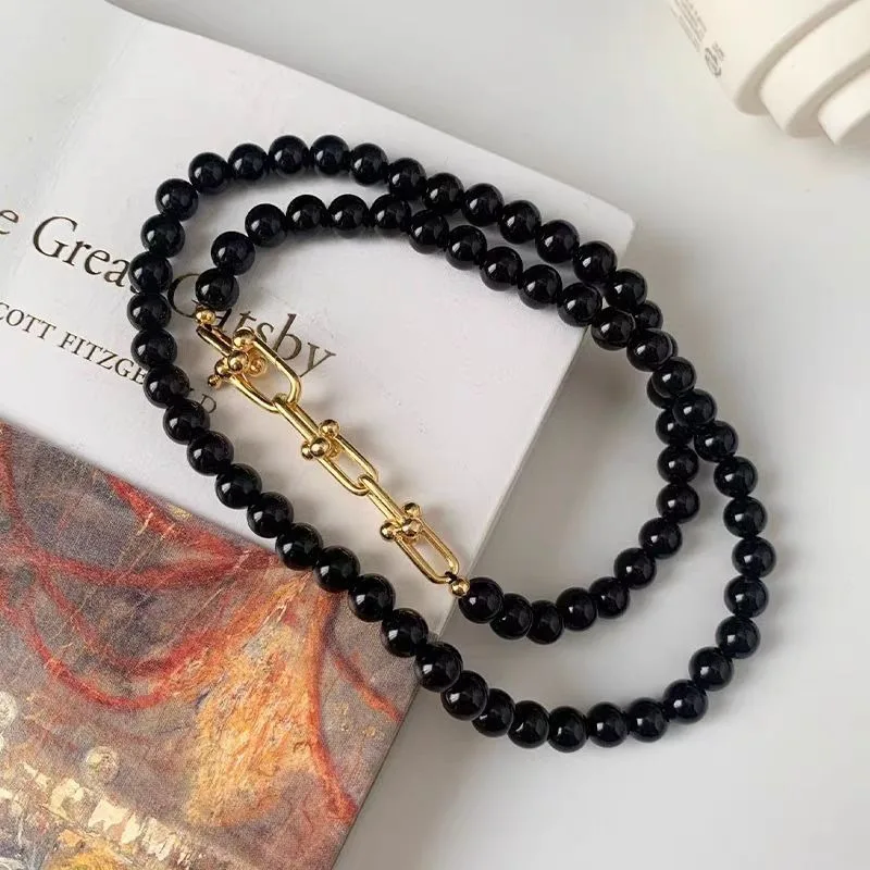 

New Handmade Beaded Natural Black Agate Necklace Autumn and Winter Women's Necklace Jewelry Light Luxury Niche Accessories Sweat