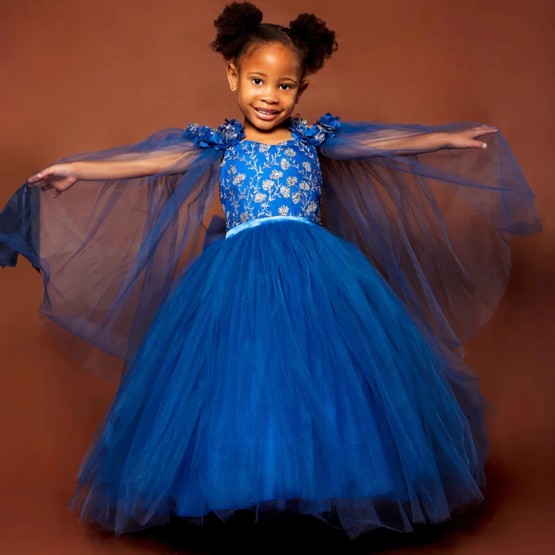 

Princess Blue Litter Girls Birthday Party Dresses Beaded Ruffles Flower Girl Dresses With Wrap Baby Kids Formal Wear