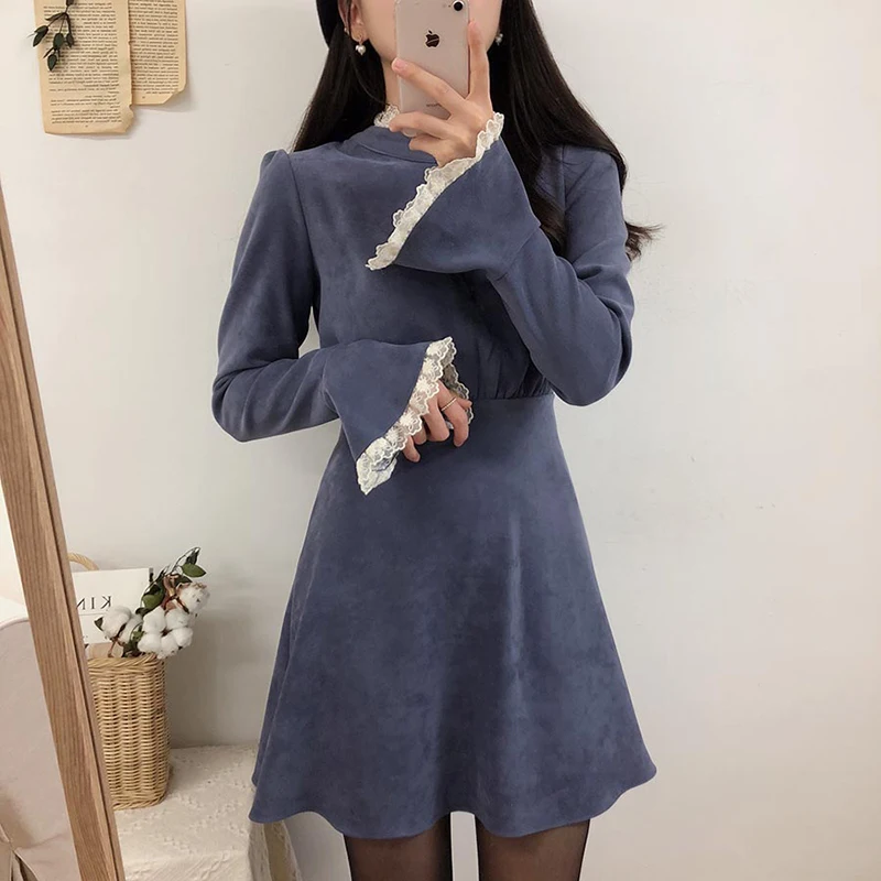 2022 New Year Party Date Dresses Hot Women Lace Flare Sleeve A Line Cute Korea Japanese Style Turtleneck Vintage Dress Pink 1271