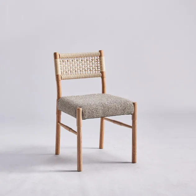 Woven dining chair, French vintage solid wood wabi-sabi backrest chair, vintage style home dining table chair, Japanese braided