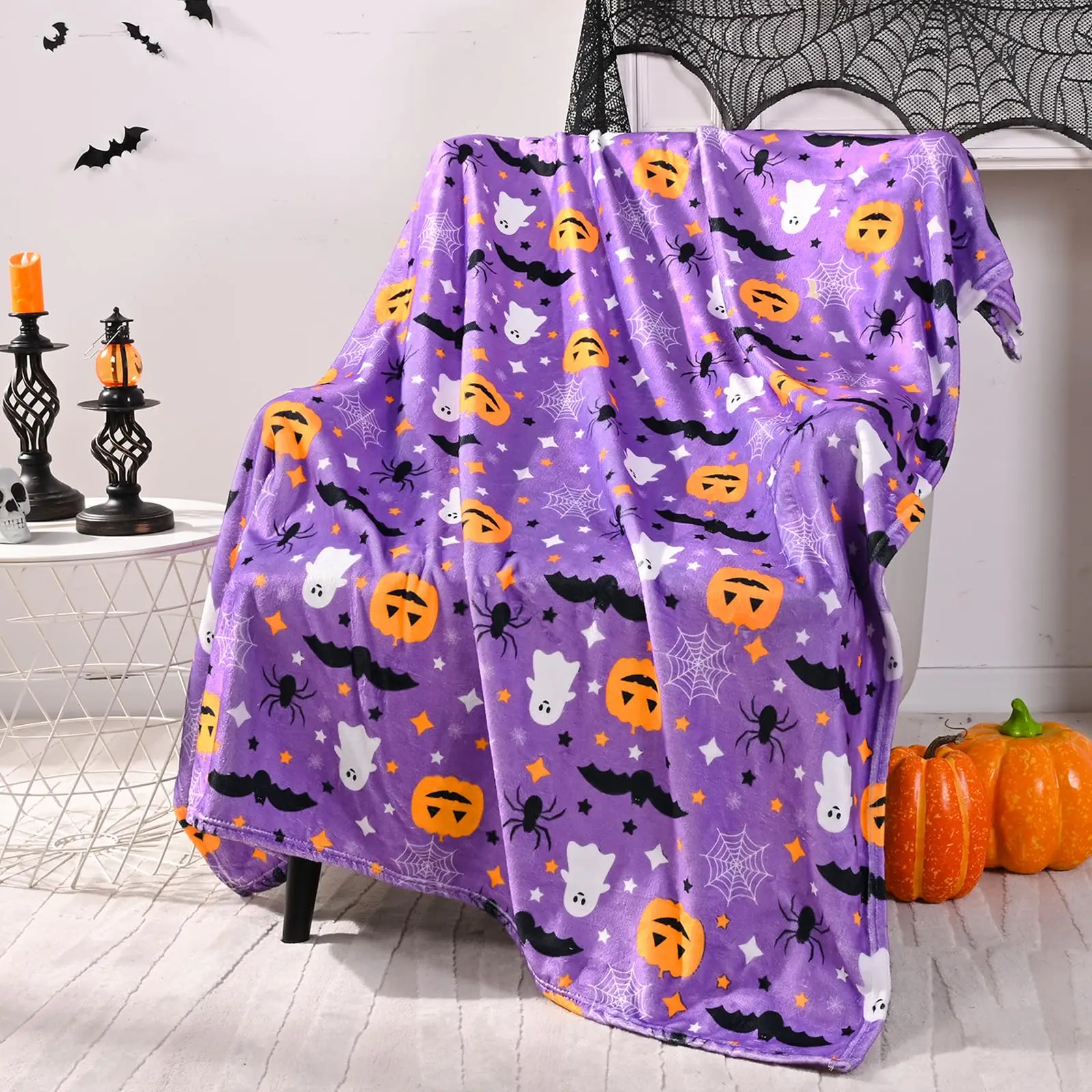 

Halloween Throw Blanket Cute Purple Cartoon Pumpkin Ghost Printed Blankets Cozy Flannel Quilts For Bed Sofa Gifts Dropshipping