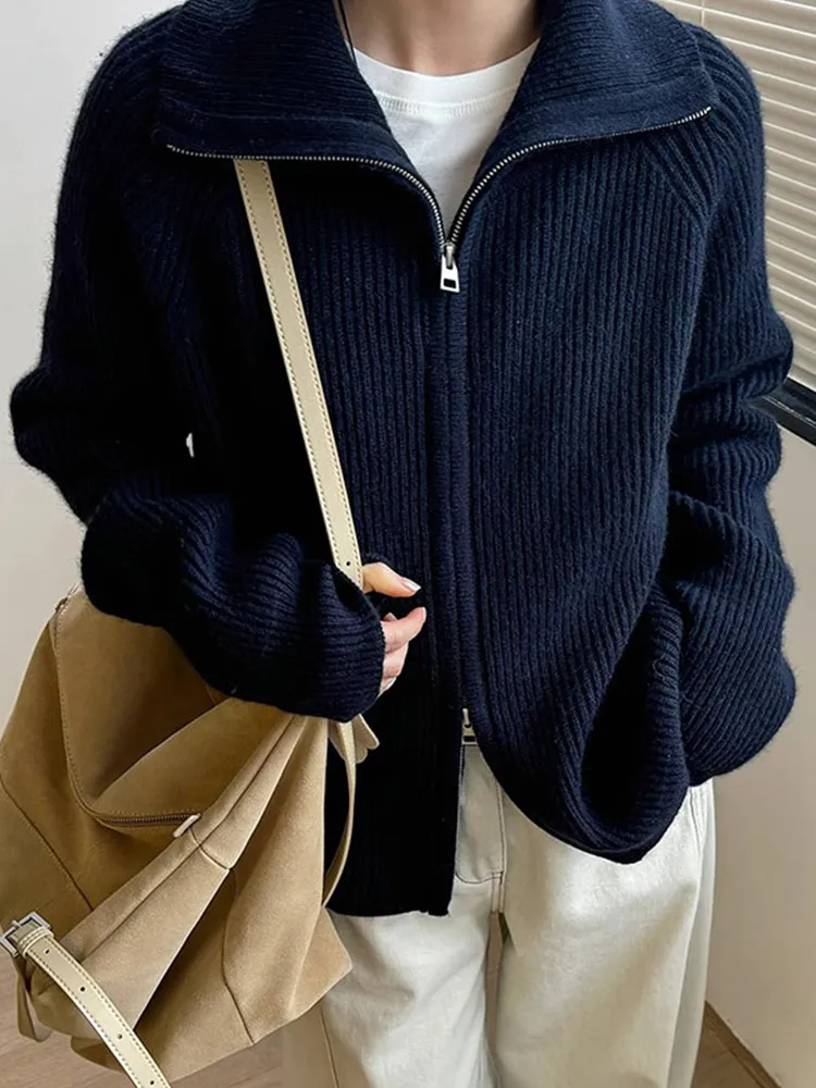 편안한 단색 니트 울 스웨터 더블 지퍼 롱 스웨터 패션 탑 안티에이징 니트웨어 슬리 카디건