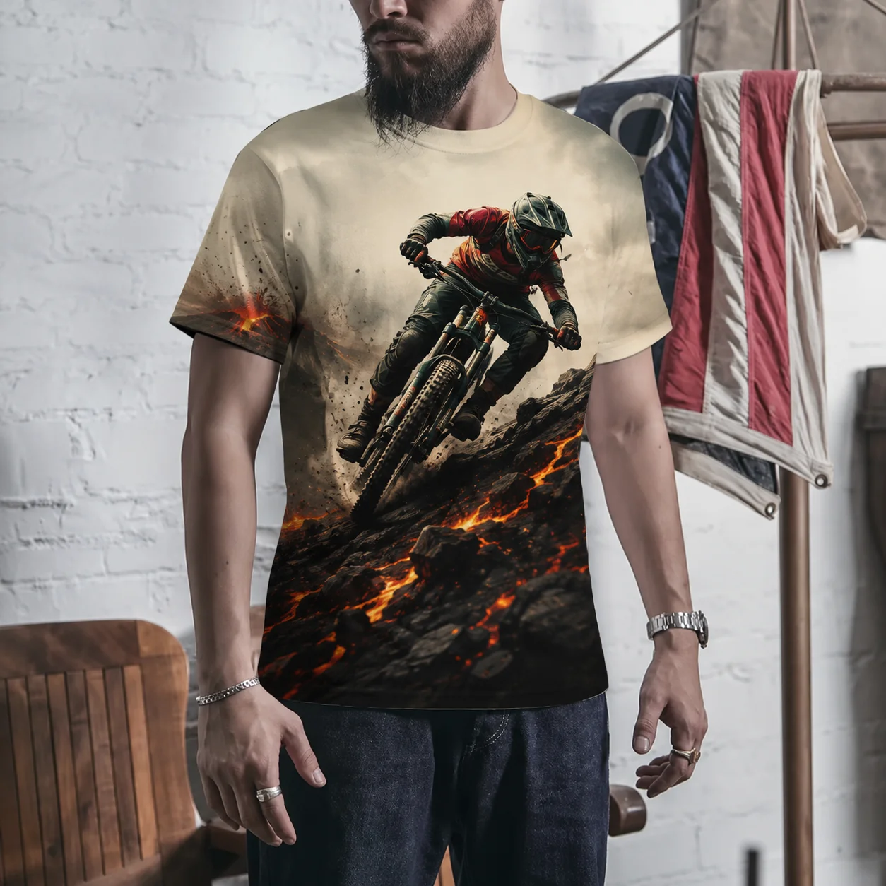 Men’s Lava Mountain Bike Graphic T Shirt Extreme Downhill Rider All Over Print Short Sleeve Crew Neck Outdoor Cycling Sports Tee