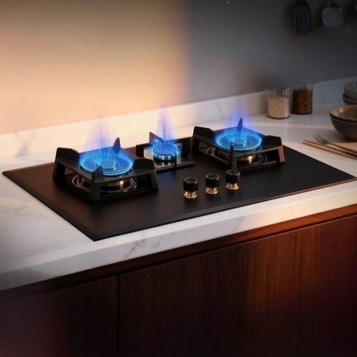 موقد غاز مدمج بثلاث شعلات منزلية، مؤقت من الزجاج المقسى السميك، موقد عالي الطاقة