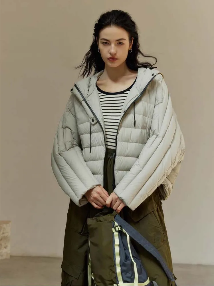 Krótka kurtka puchowa z rękawami typu \"batwing\" Damska Jesień Zima 2025 Oversize Rozpinana kurtka puchowa z kapturem Ciepła odzież wierzchnia INKEO DJ530