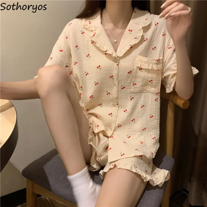 

Summer Pajama Sets Women Loose Sweet Ruffles Design Printed Lovely Sleepwear Chic Students Dormitory Gentle Comfortable Fashion
