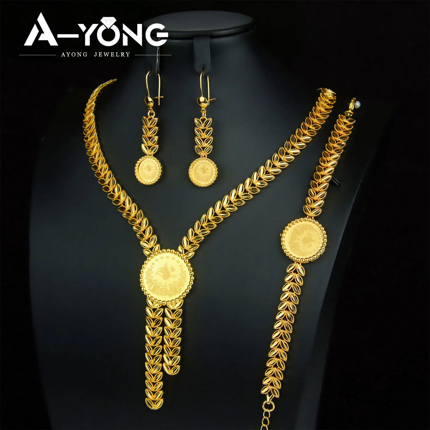 Turkish Vintage Coins Jewelry Set 24k Gold Plated Dubai Muslim Bridal Wedding Necklace Italian Women Traditional Party Jewelrys